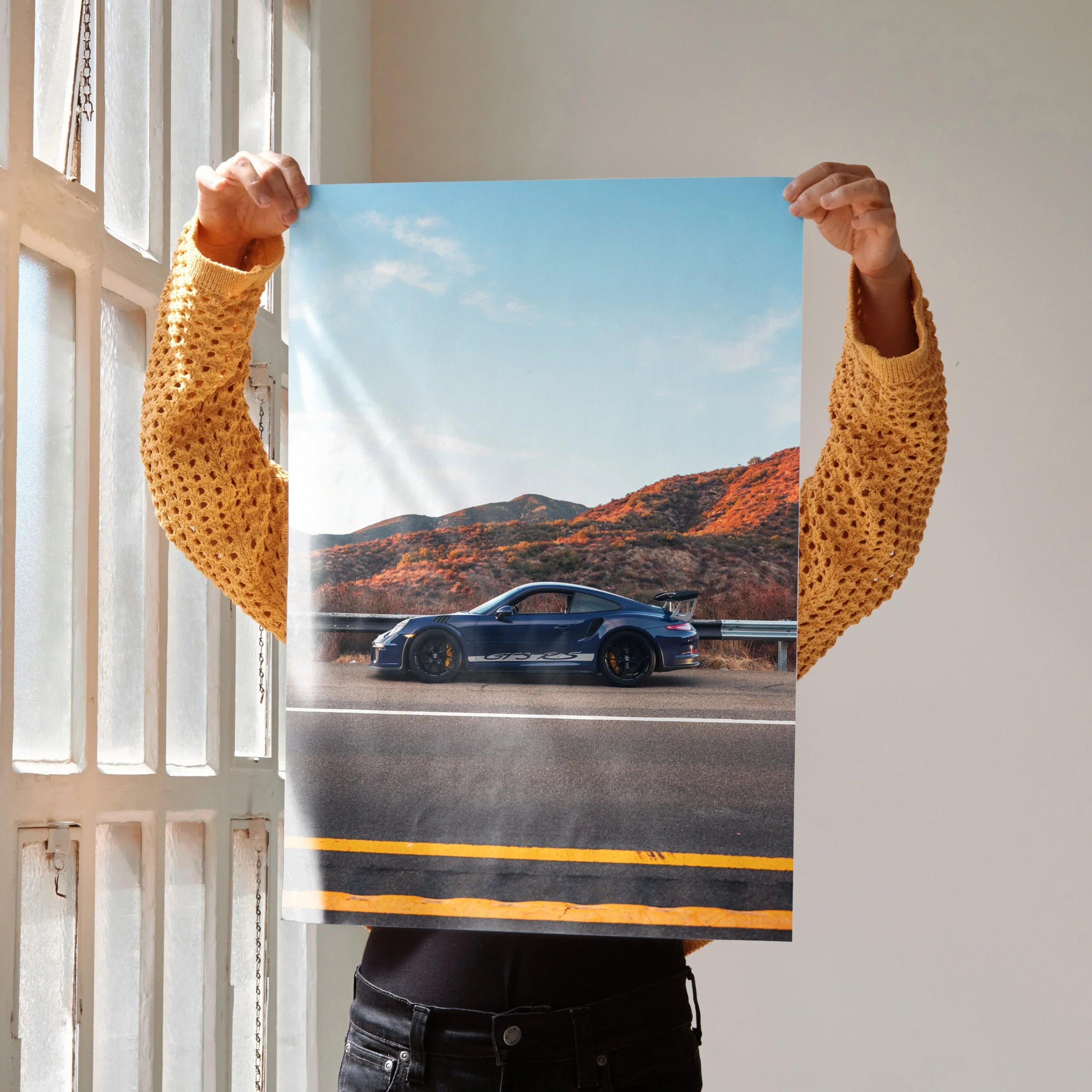 Porsche GT3 RS supercar poster with desert mountain background, vibrant wall art in vivid colors.
