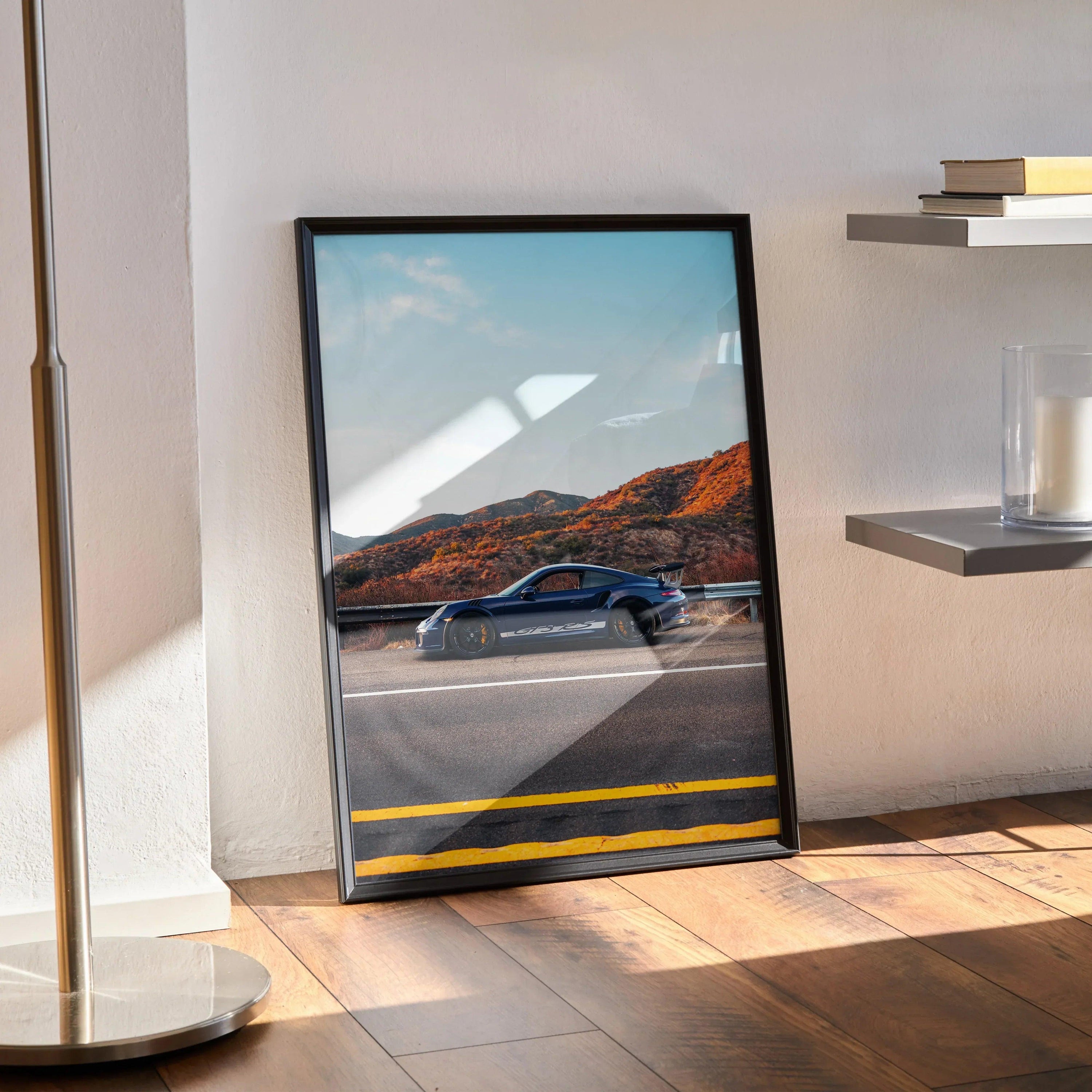 Porsche GT3 RS supercar poster with mountain landscape, modern wall art in black frame.