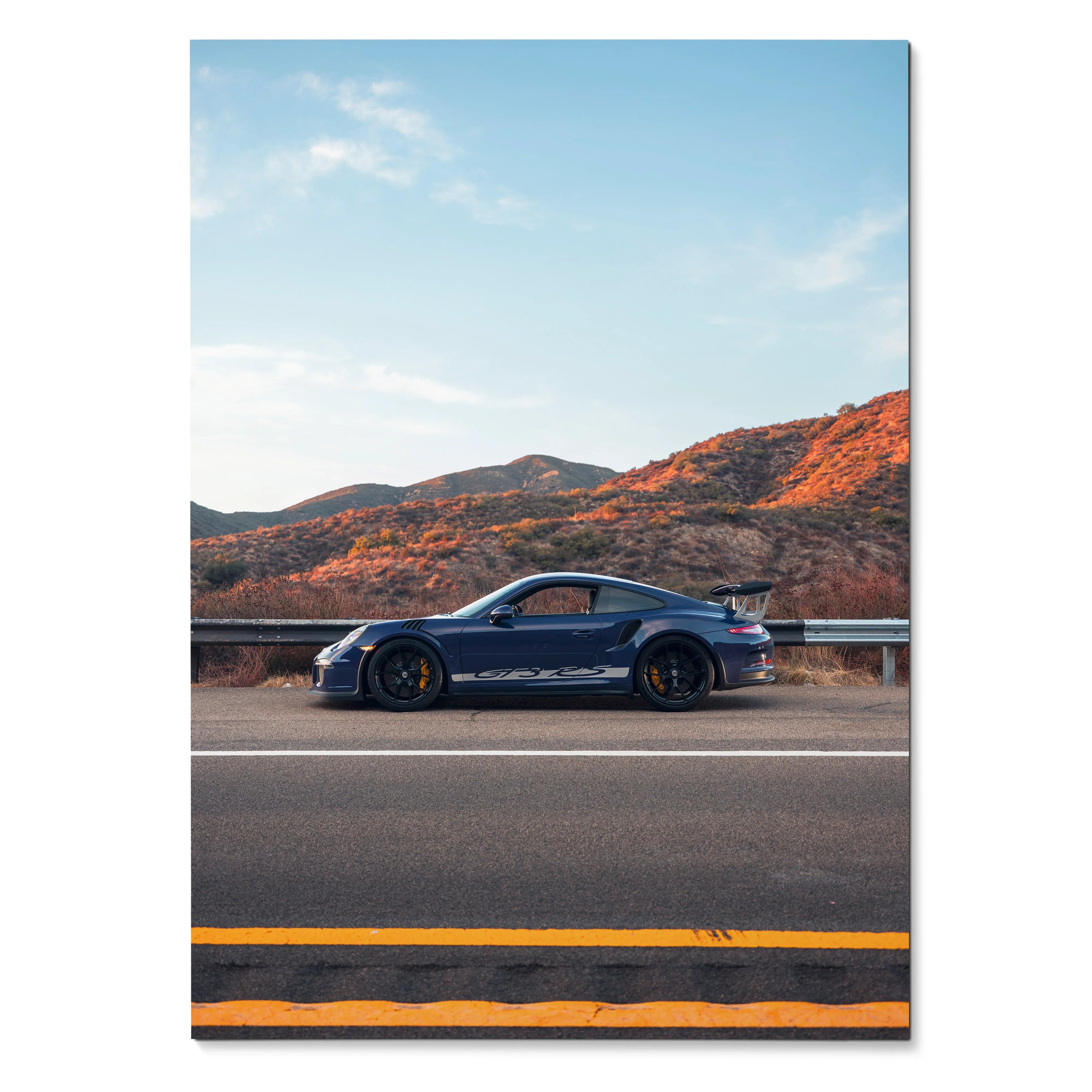 Porsche GT3 RS blue supercar parked on highway with mountains background poster wall art.