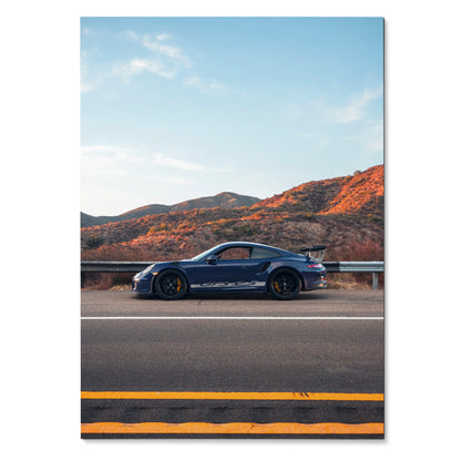 Porsche GT3 RS blue supercar parked on highway with mountains background poster wall art.