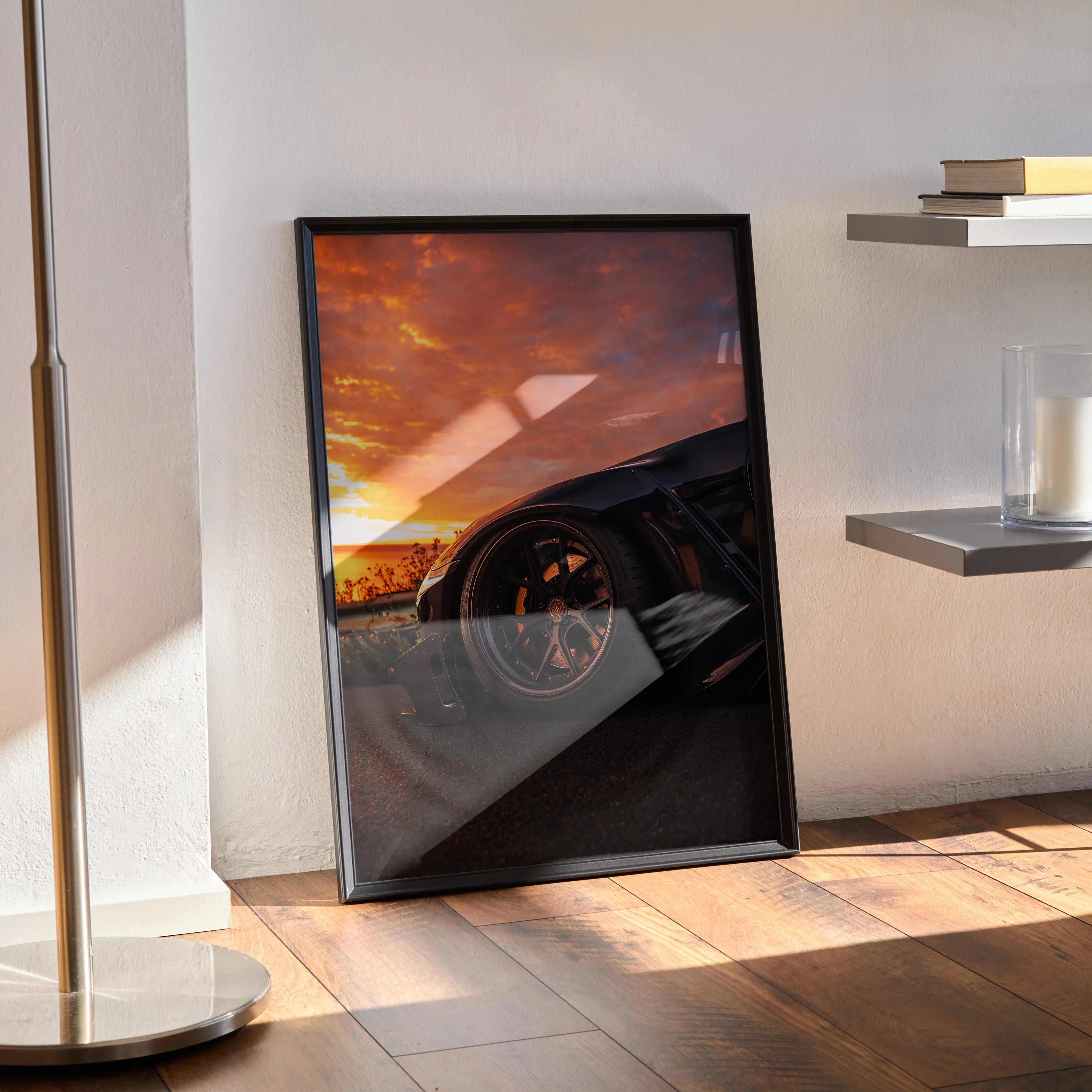 Sleek Nissan R35 GTR close-up poster wall art with dramatic sunset and black frame.