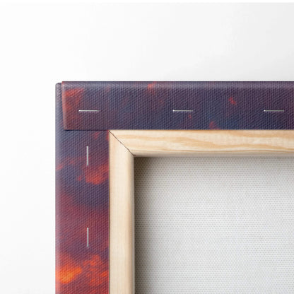 Close-up of corner wooden frame and wrapped canvas fabric on vertical canvas art wall print.