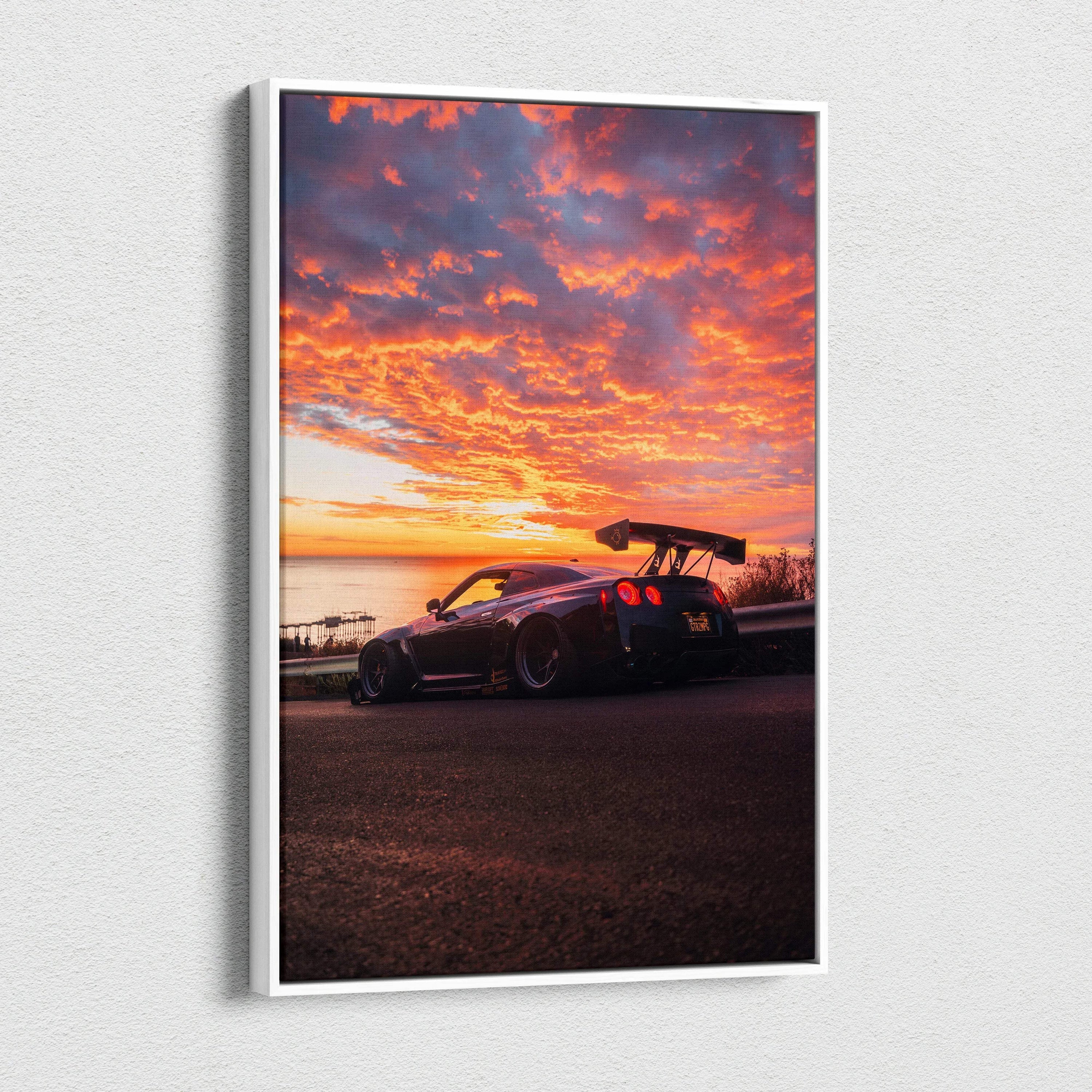 Nissan R35 GTR car canvas art with vibrant sunset sky, vertical wall art print.