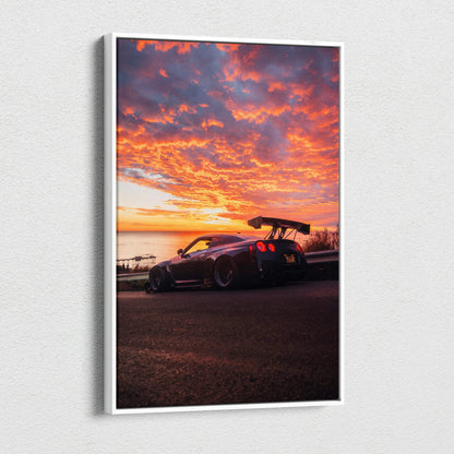 Nissan R35 GTR car canvas art with vibrant sunset sky, vertical wall art print.