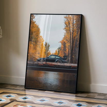 RWB Porsche 911 poster wall art with autumn trees and reflective water in black frame.