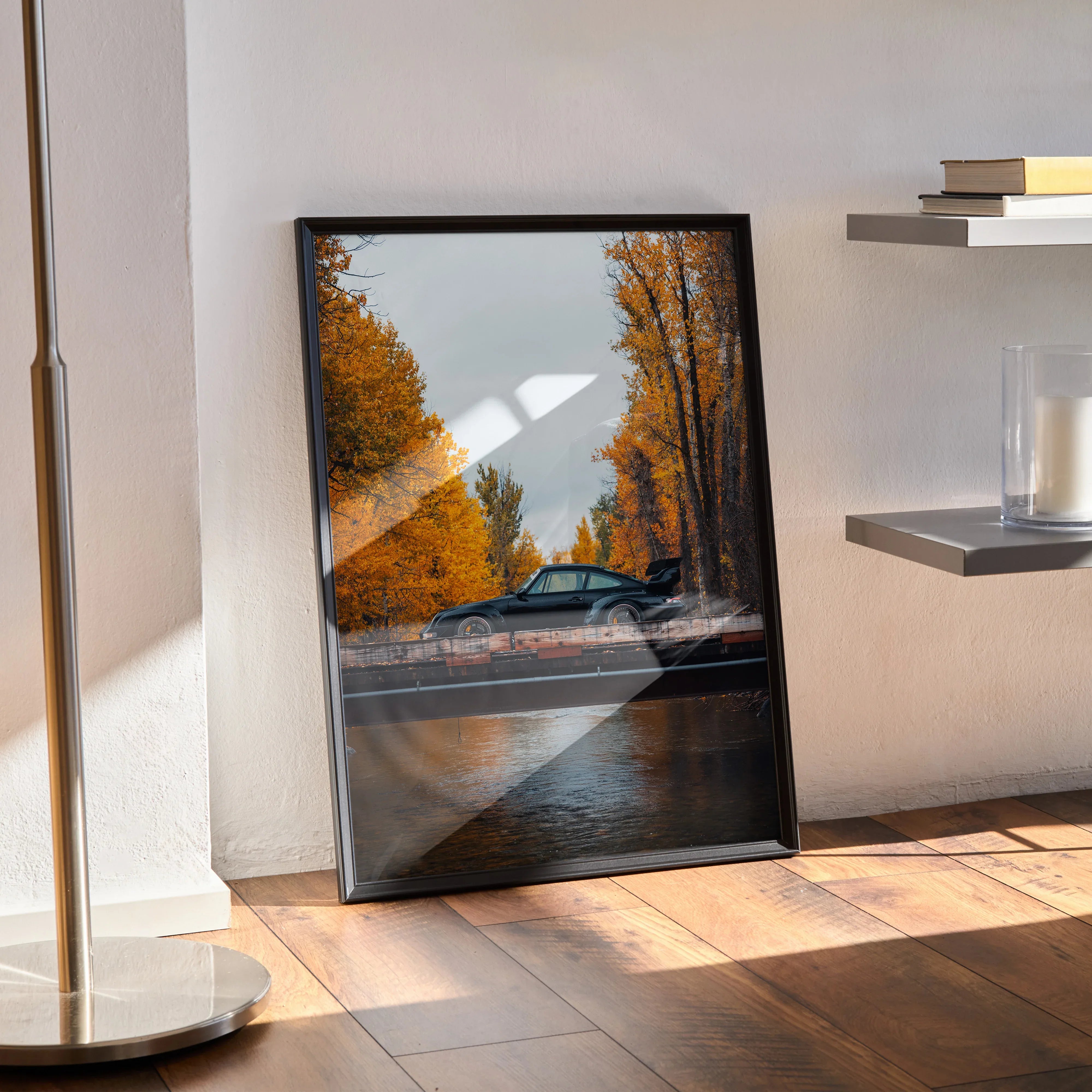 RWB Porsche 911 poster with autumn trees and reflective water, modern wall art in black frame.