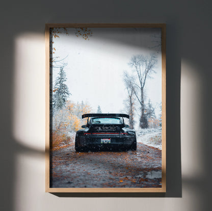 RWB Porsche 911 black car on autumn road poster wall art in natural wood frame.