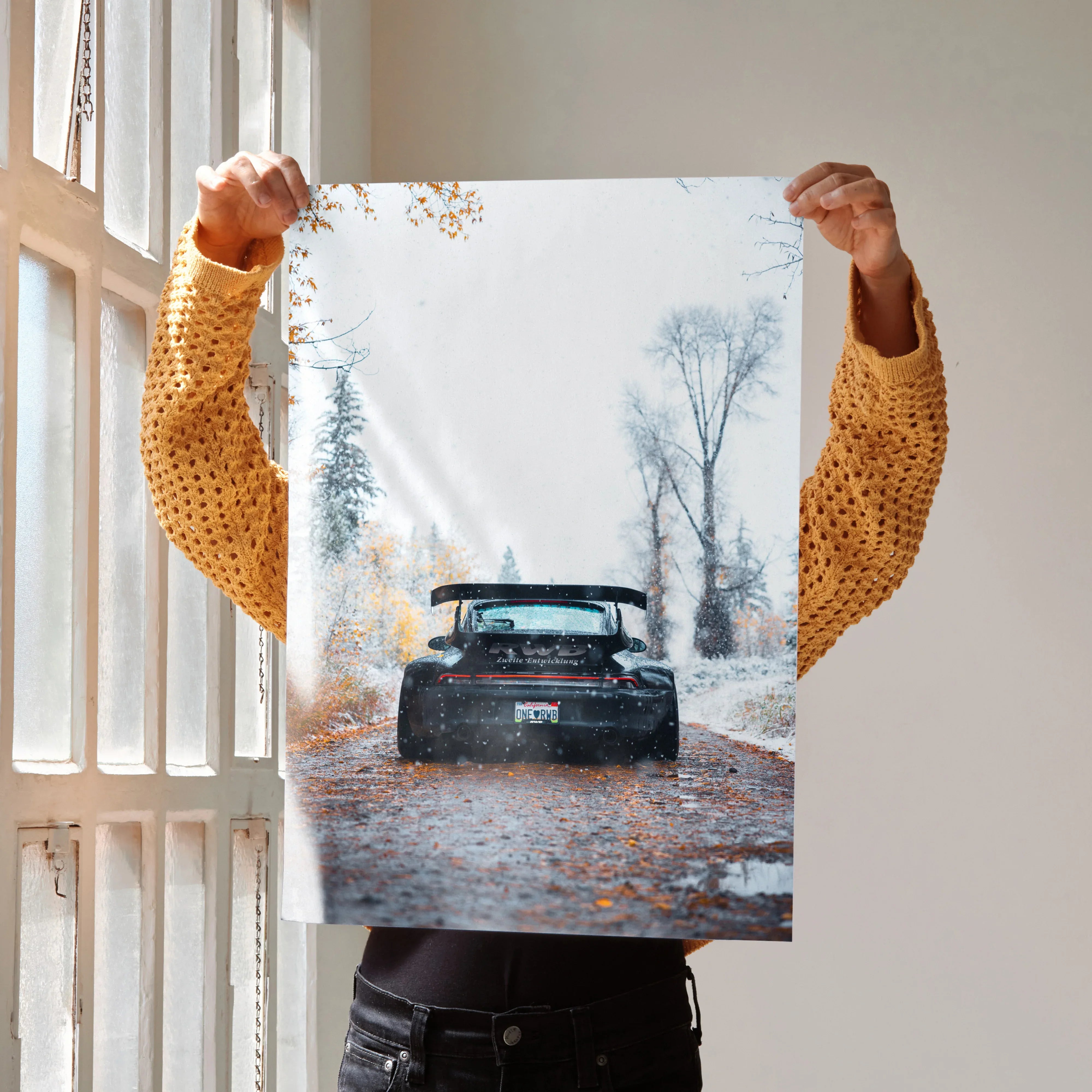 RWB Porsche 911 poster showing rear view of black car on autumn road wall art.
