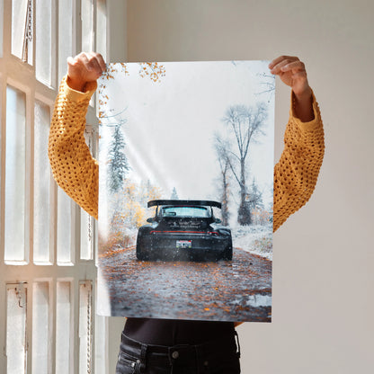 RWB Porsche 911 poster showing rear view of black car on autumn road wall art.