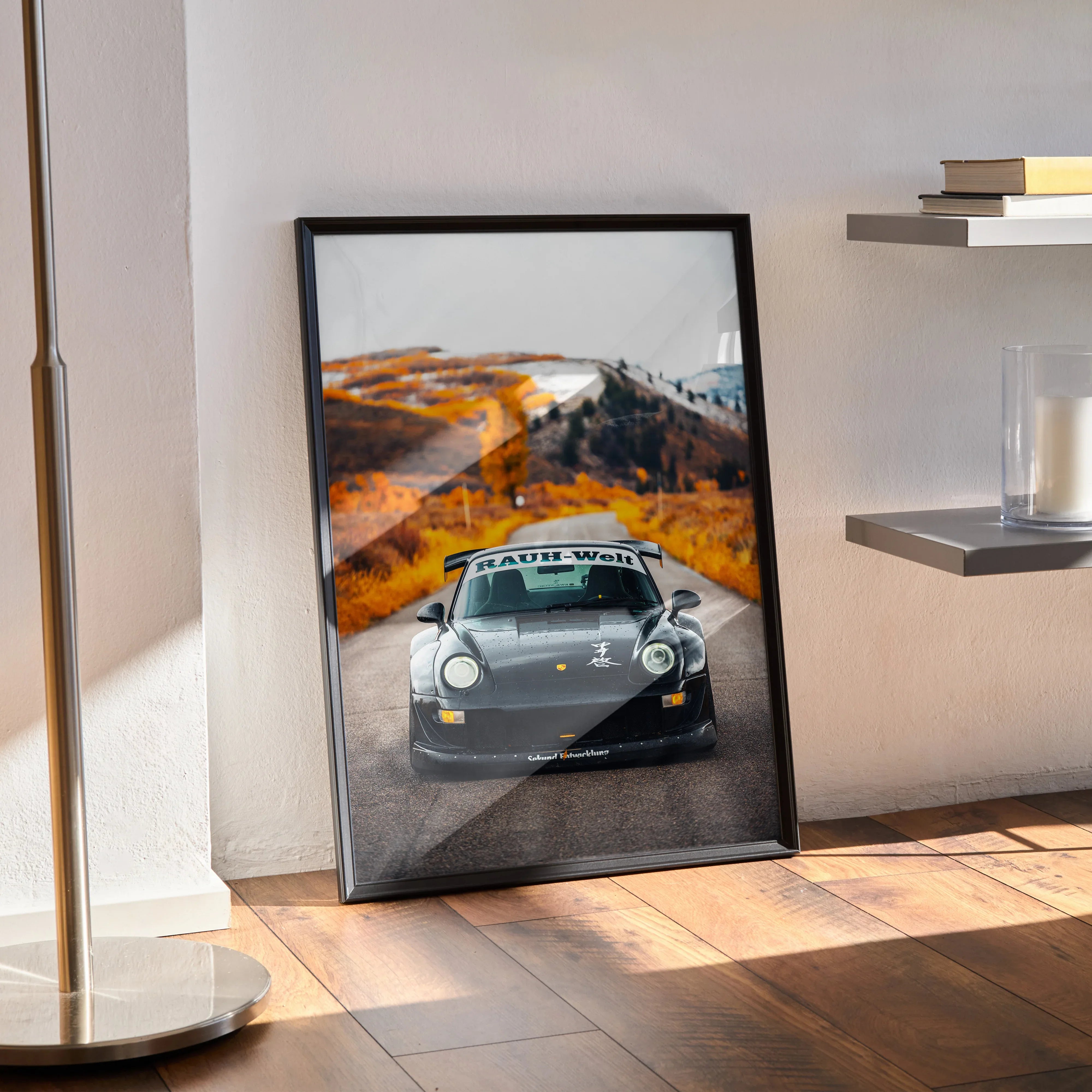 RWB Porsche 911 high resolution poster showing black car on autumn road wall art in black frame.
