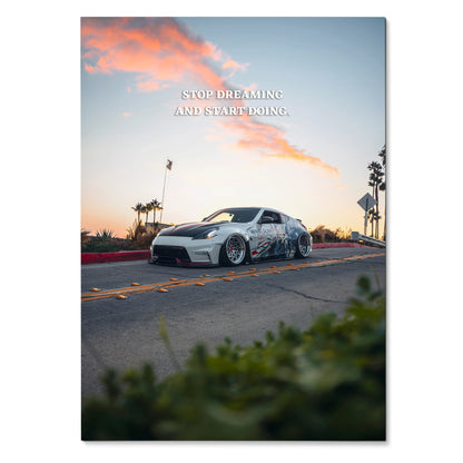 Motivational poster wall art featuring a customized Nissan 370z with inspiring text at sunset.