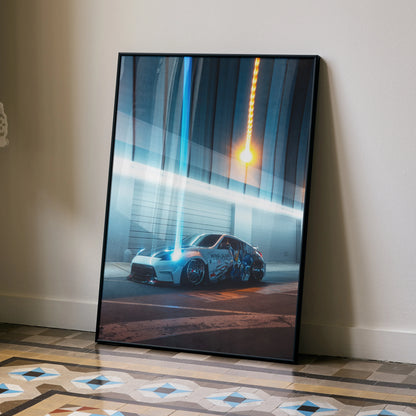 Nissan 370Z JDM poster with sleek blue car and dynamic light trails wall art in black frame.