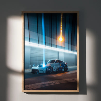 Nissan 370Z JDM poster wall art with sleek car and dynamic light trails in urban night setting.