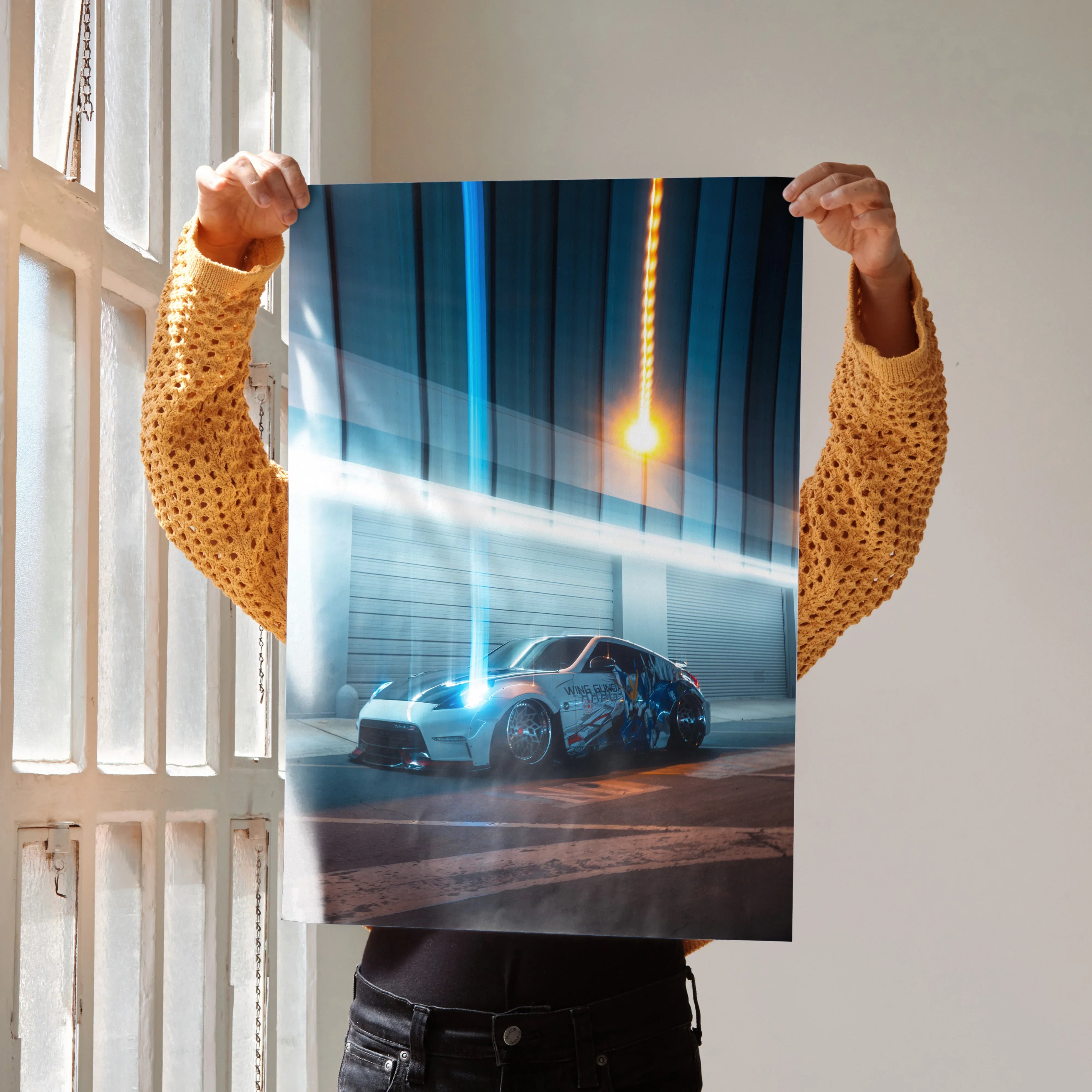 Nissan 370Z JDM art poster featuring sleek car with blue lighting, automotive wall art decor.