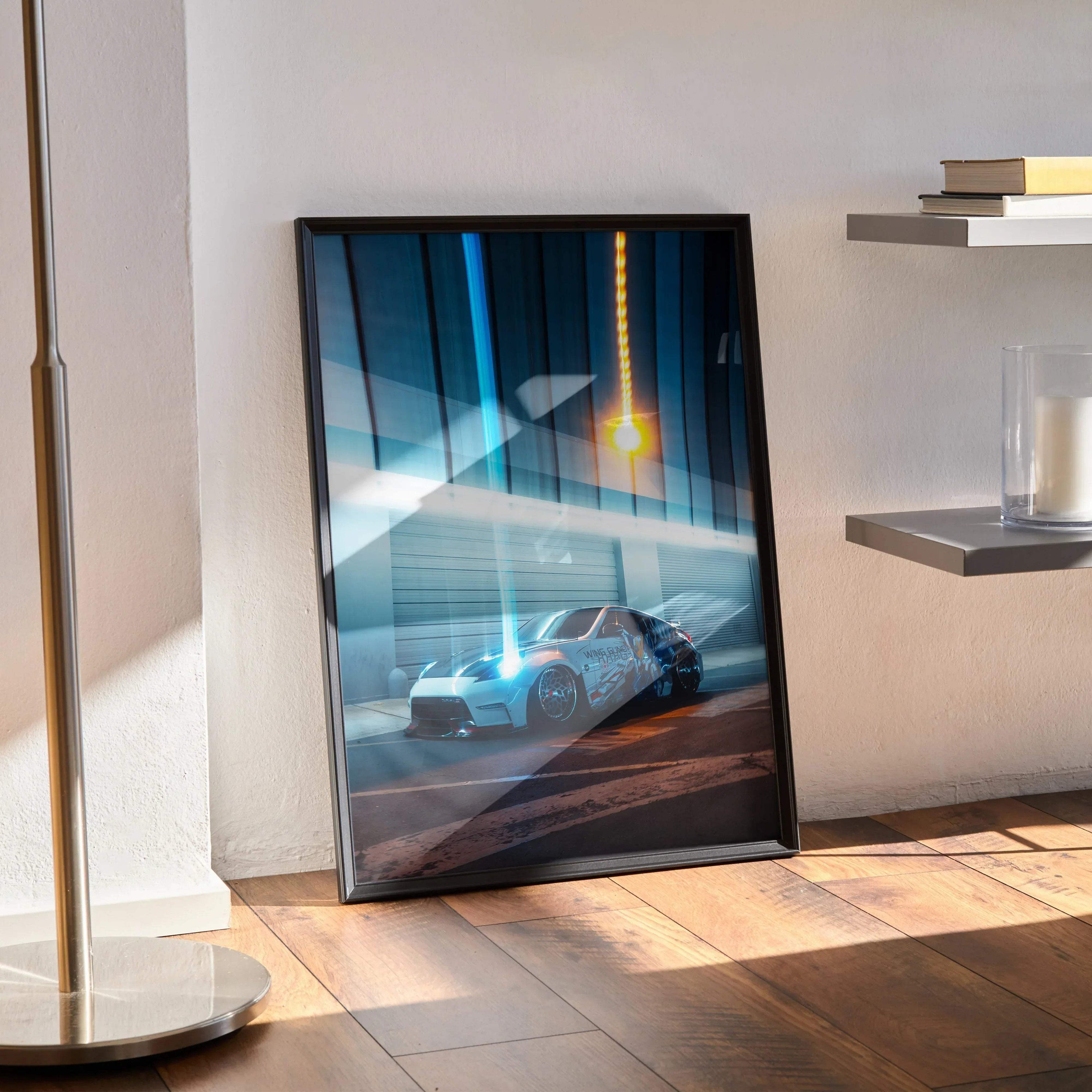 Nissan 370Z JDM art print poster in black frame, sleek car under blue light, wall art decor.