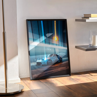 Nissan 370Z JDM art print poster in black frame, sleek car under blue light, wall art decor.