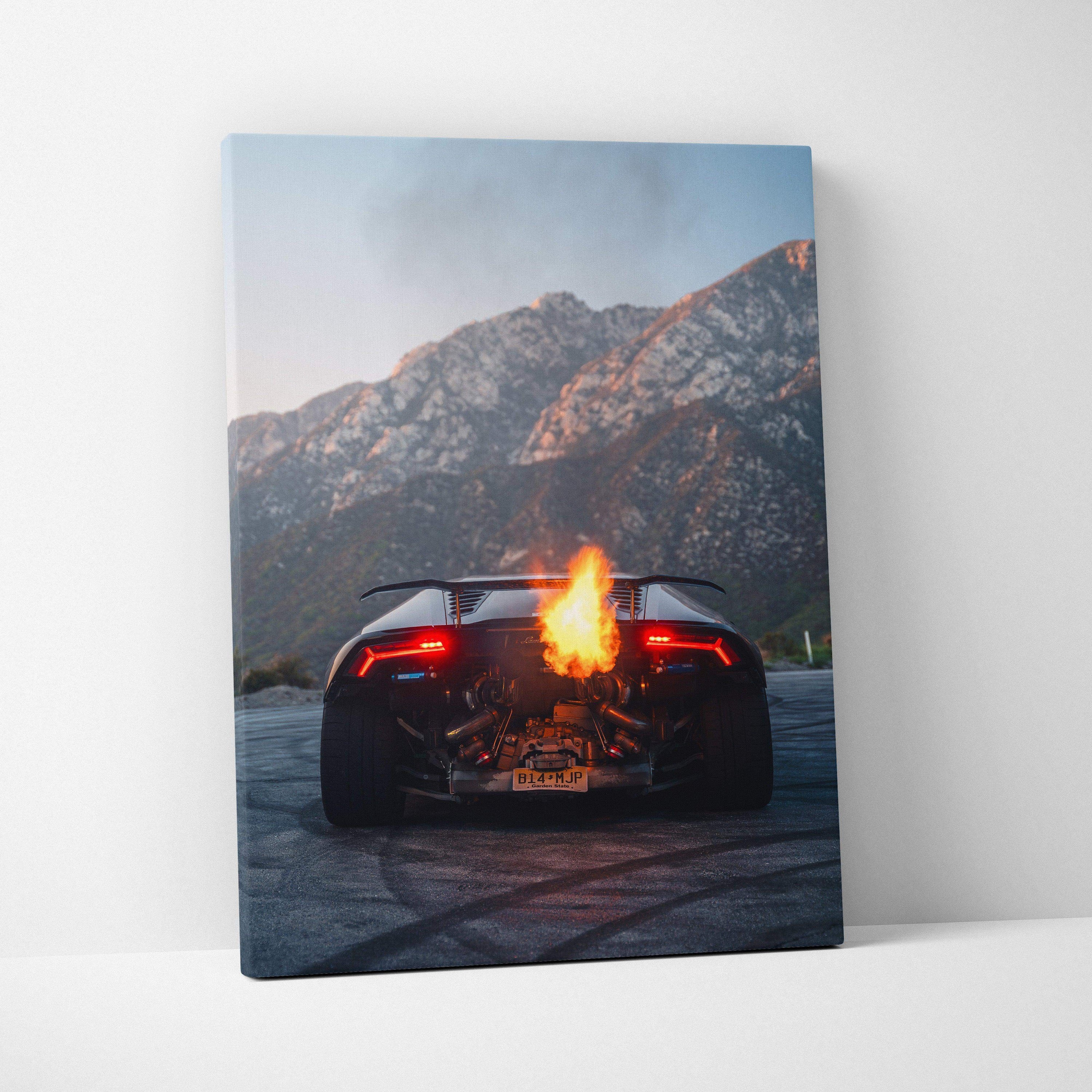 Lamborghini Huracan with fiery exhaust on mountainous road vertical canvas art wall decor.