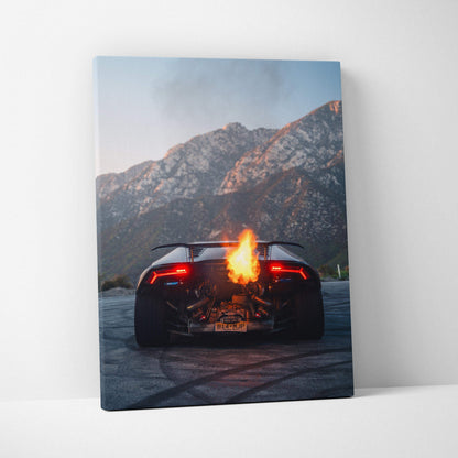 Lamborghini Huracan with fiery exhaust on mountainous road vertical canvas art wall decor.