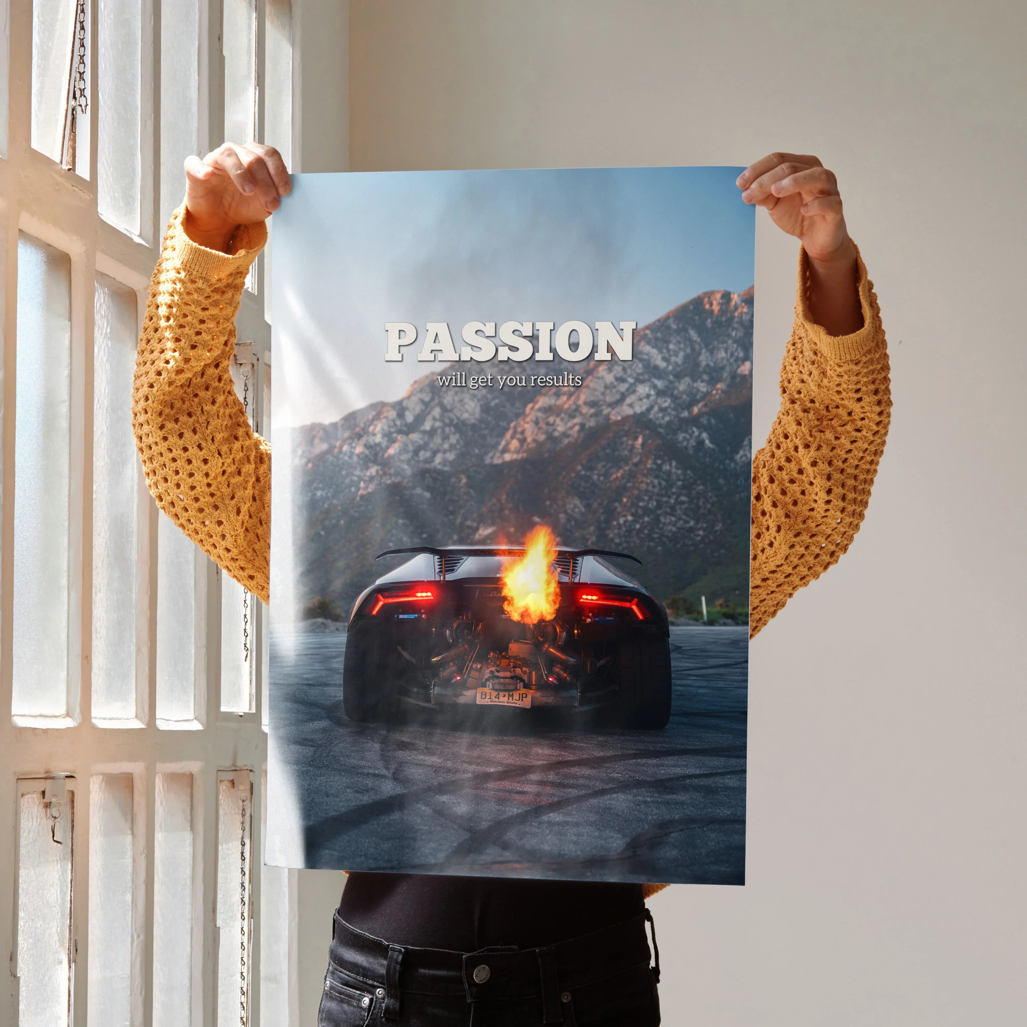 Lamborghini Huracan poster with fiery exhaust and "PASSION" text mountain background wall art.