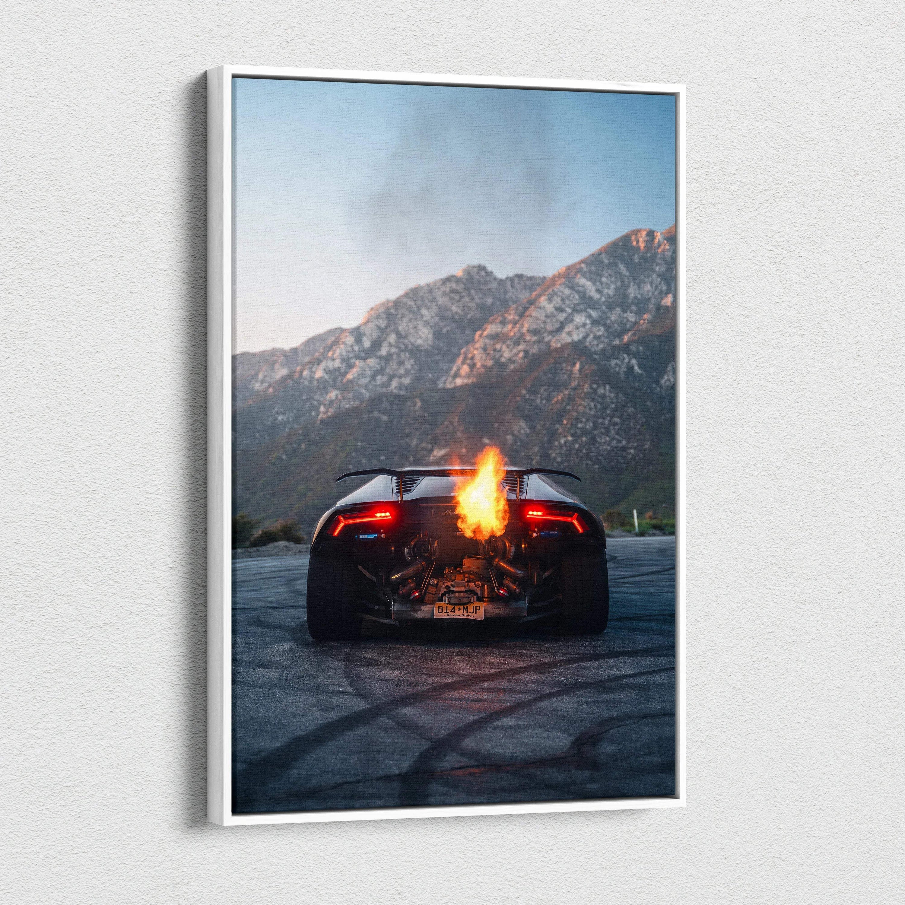 Lamborghini Huracan canvas wall art with fiery exhaust, mountains background, vertical canvas art.