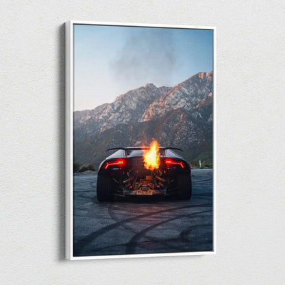 Lamborghini Huracan canvas wall art with fiery exhaust, mountains background, vertical canvas art.