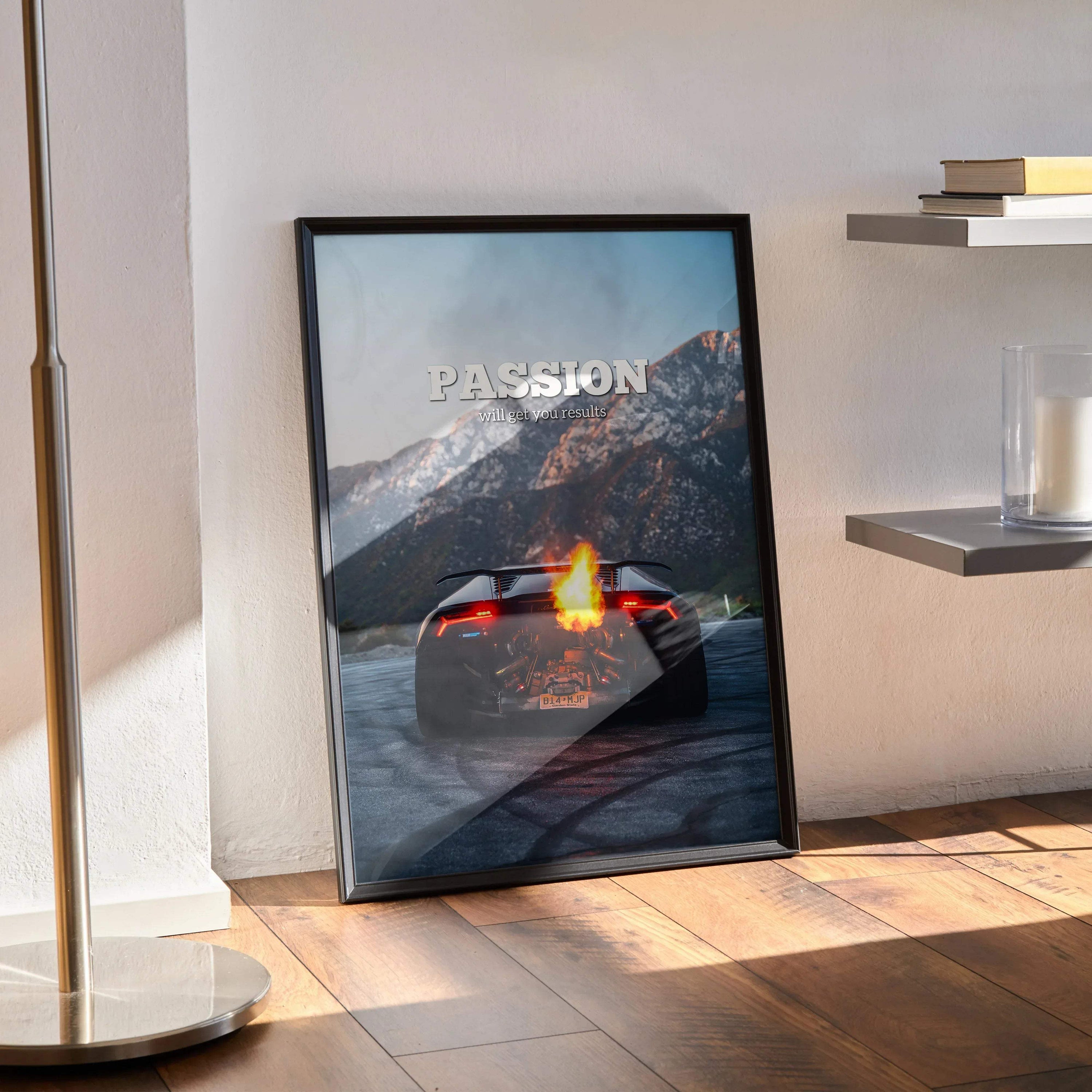 Motivational Lamborghini Huracan poster wall art with rear view and mountain background.