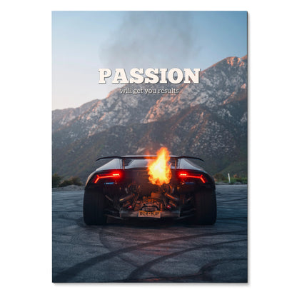 Motivational poster wall art featuring a black Lamborghini Huracan with flames from exhaust against mountain backdrop.