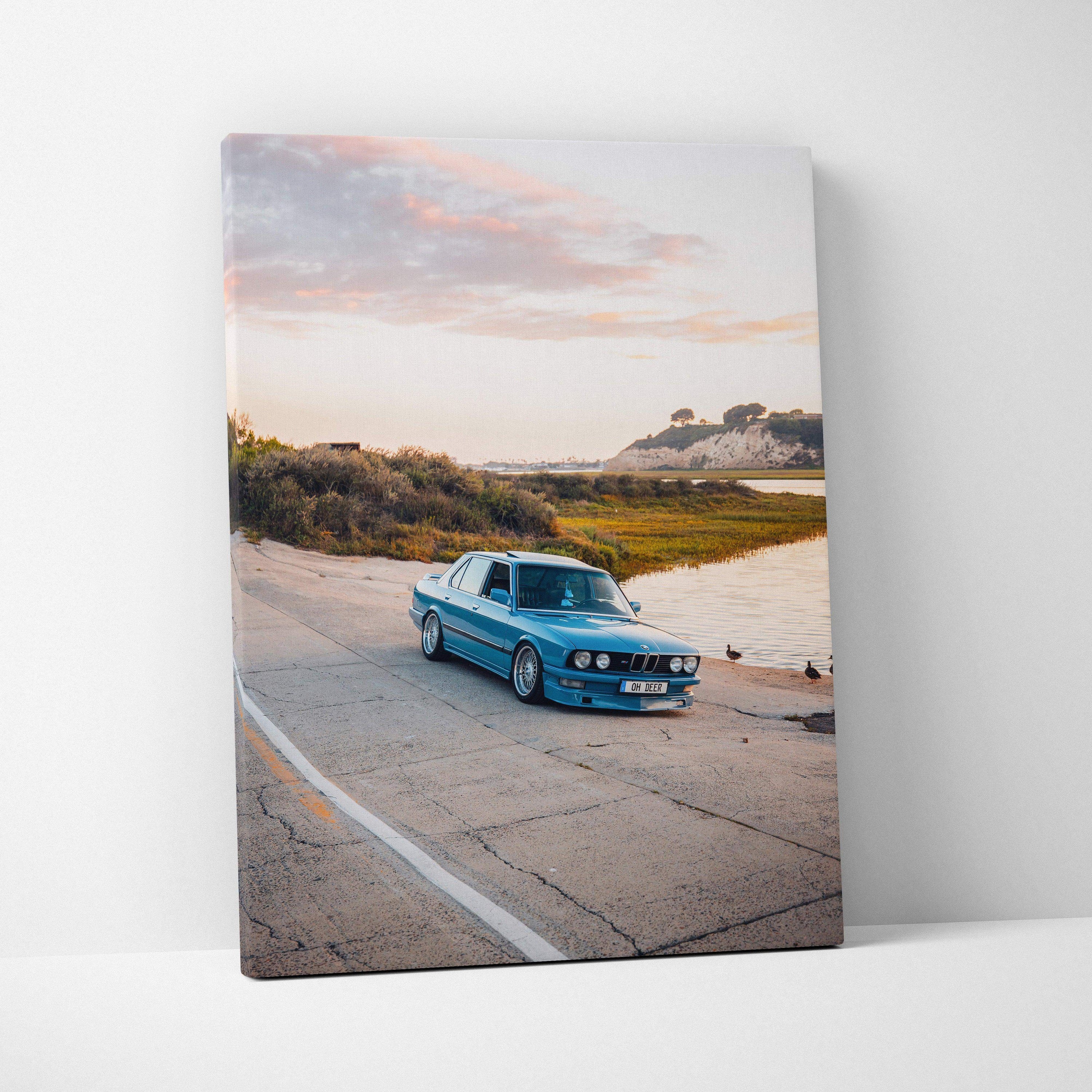 BMW E28 5 Series vintage car on road at sunset canvas art wall decor.