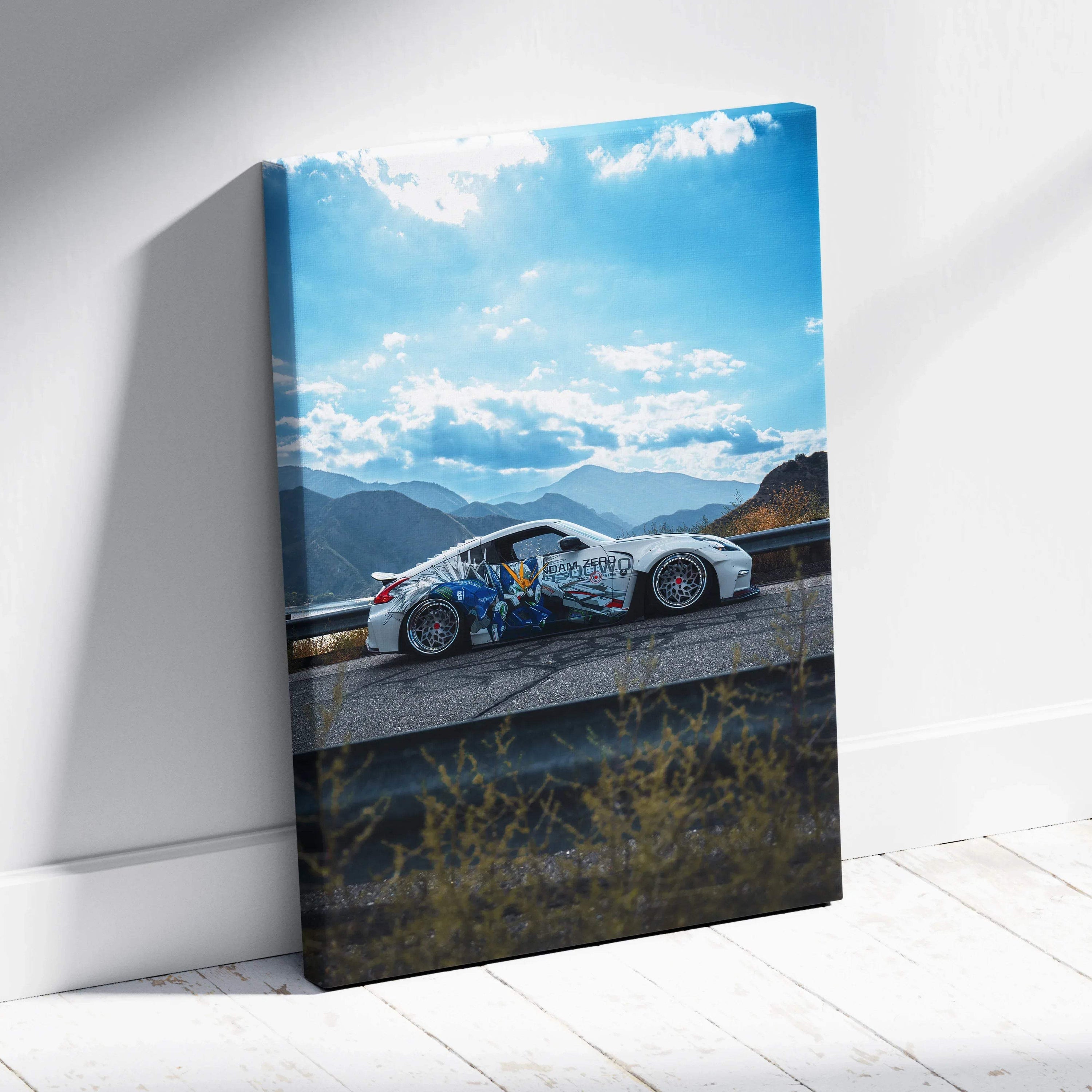 Vertical canvas wall art featuring Nissan 370z racing car on mountain road under blue sky.