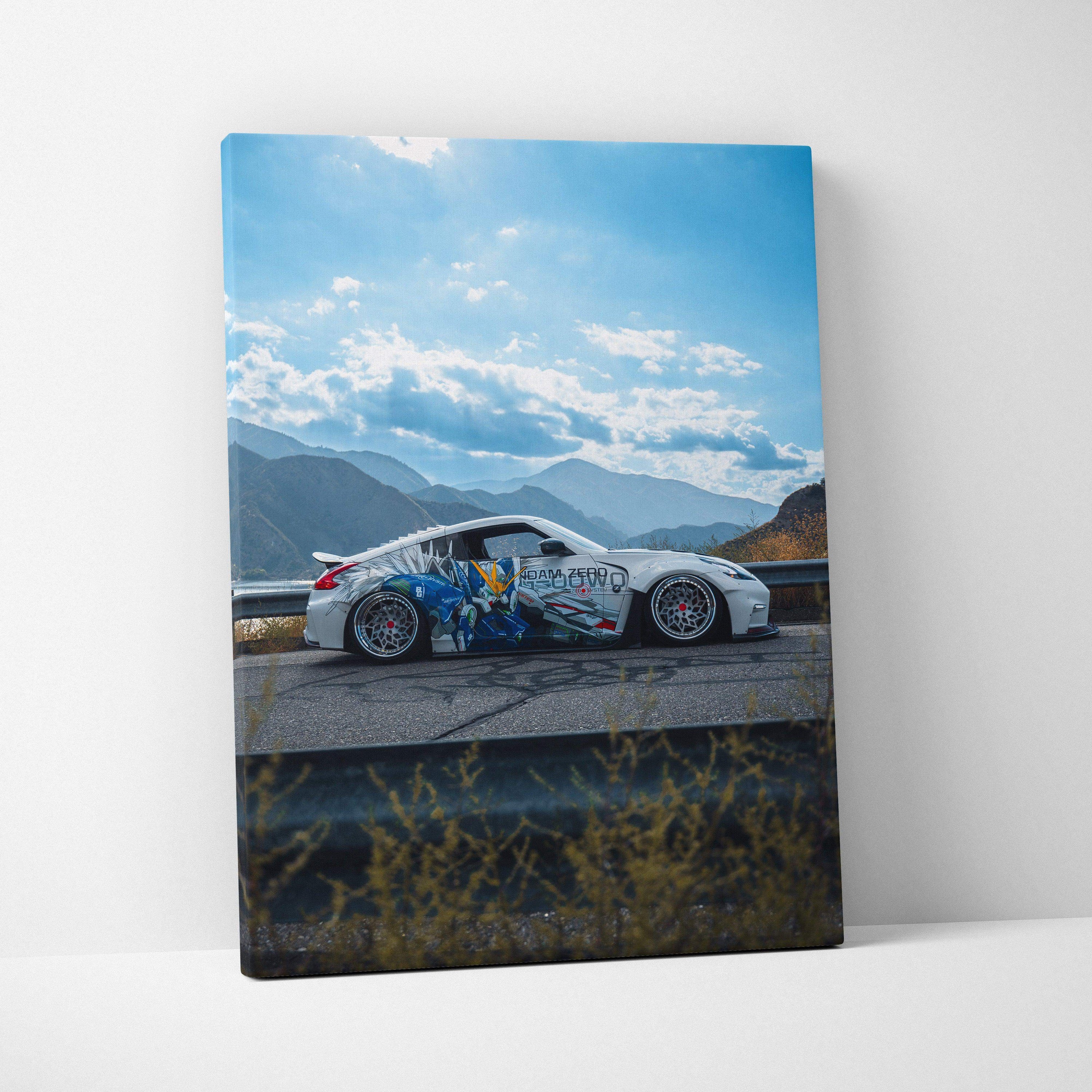 Nissan 370z with graffiti art on body parked on mountain road vertical canvas wall art.