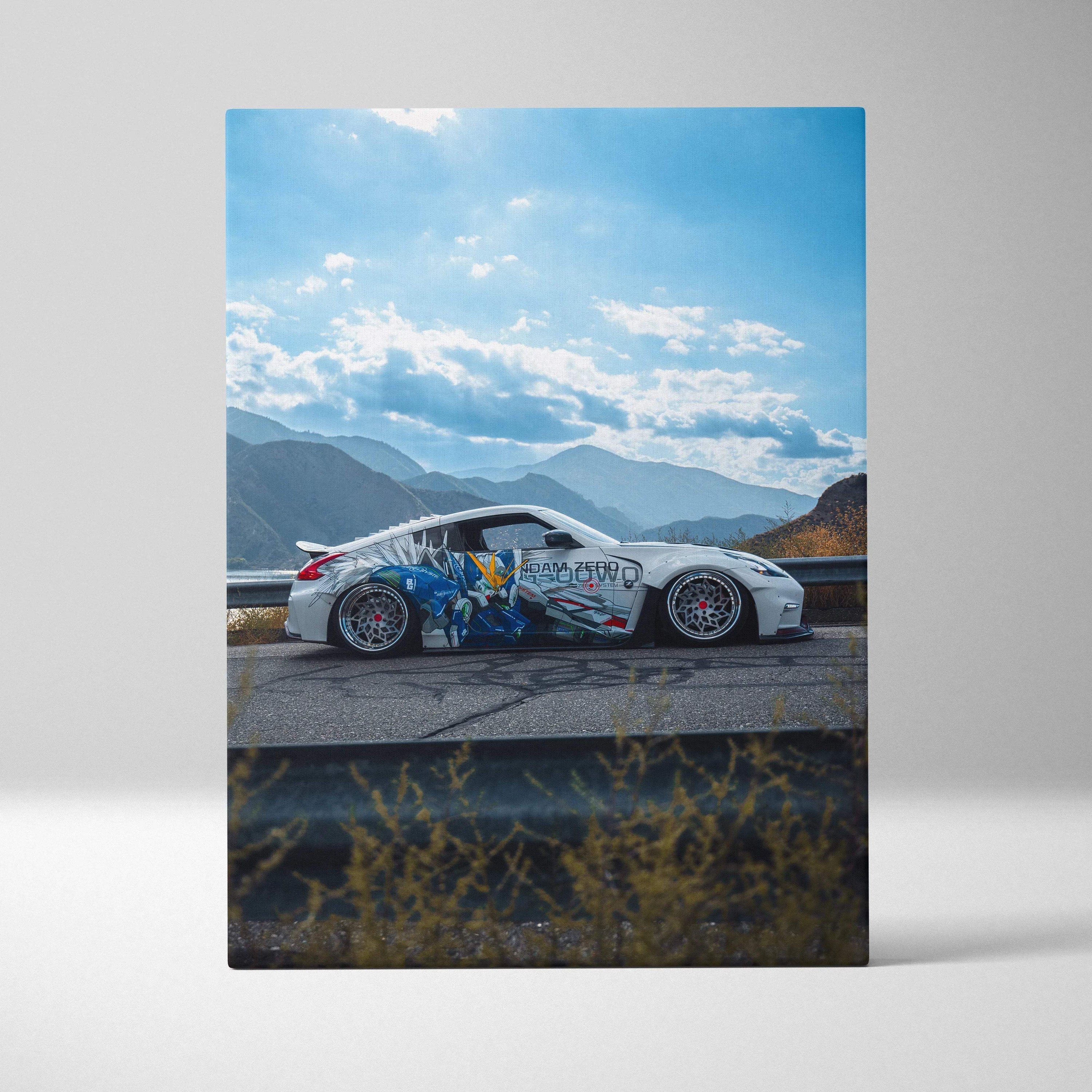 Nissan 370z with graffiti-style artwork on white car against mountain backdrop vertical canvas wall art.