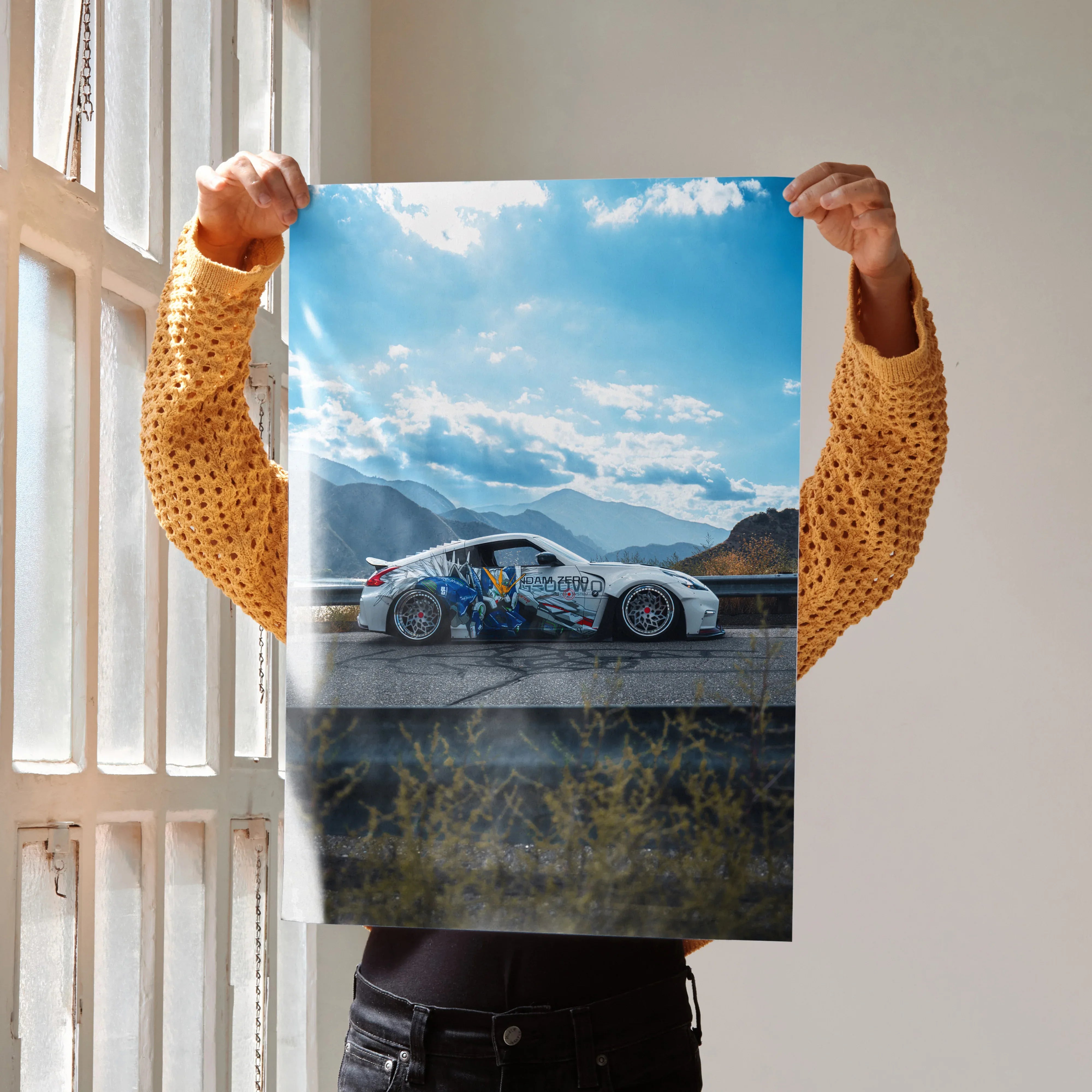 Nissan 370z widebody racing car poster wall art with mountain and sky background.