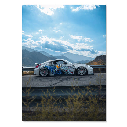 Nissan 370z widebody JDM car on mountain road under blue sky poster wall art.