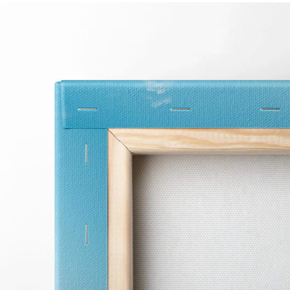 Corner detail of stretched canvas with natural wood frame for Acura NSX wall art print.