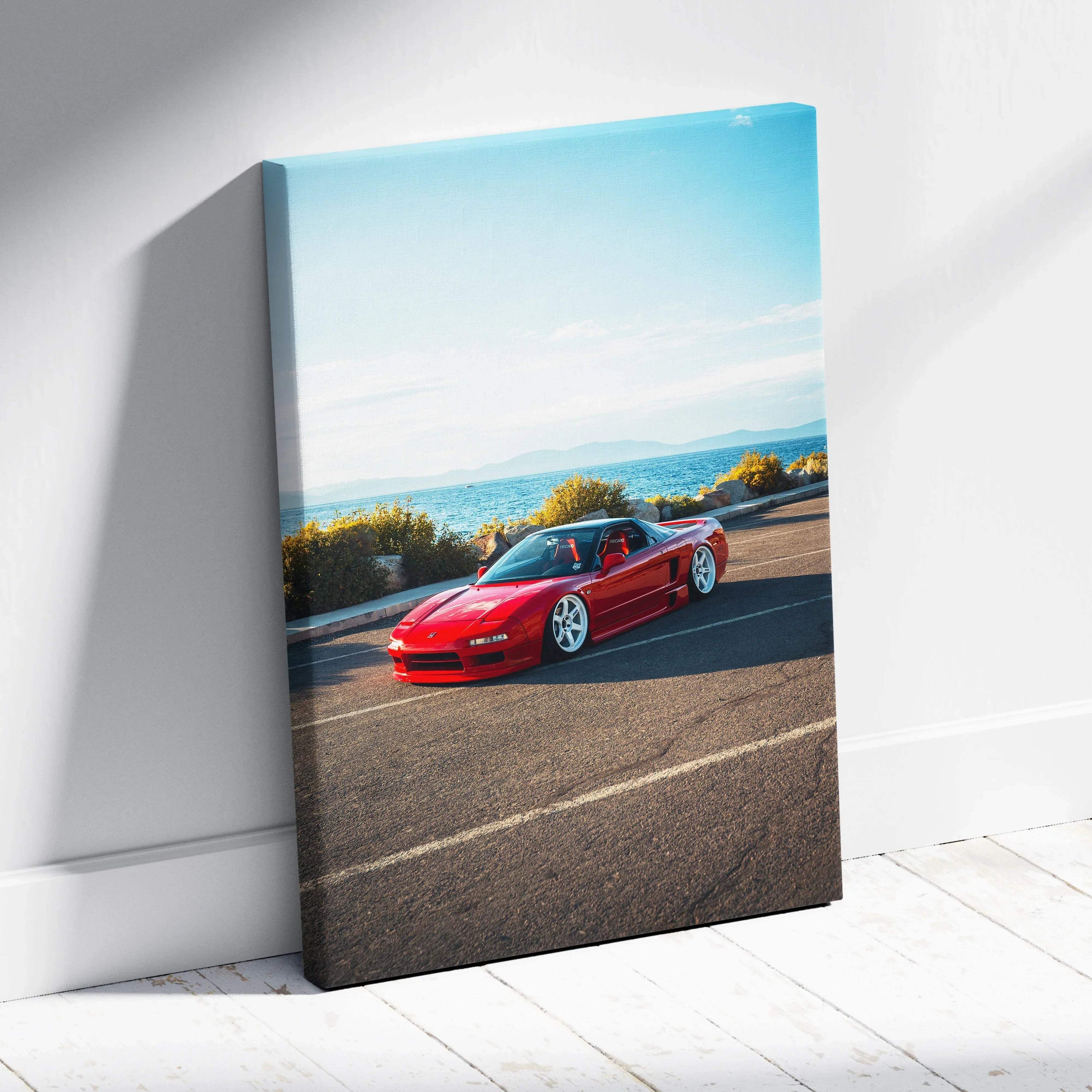 Red Acura NSX sports car on road with blue sky canvas wall art in vertical format.