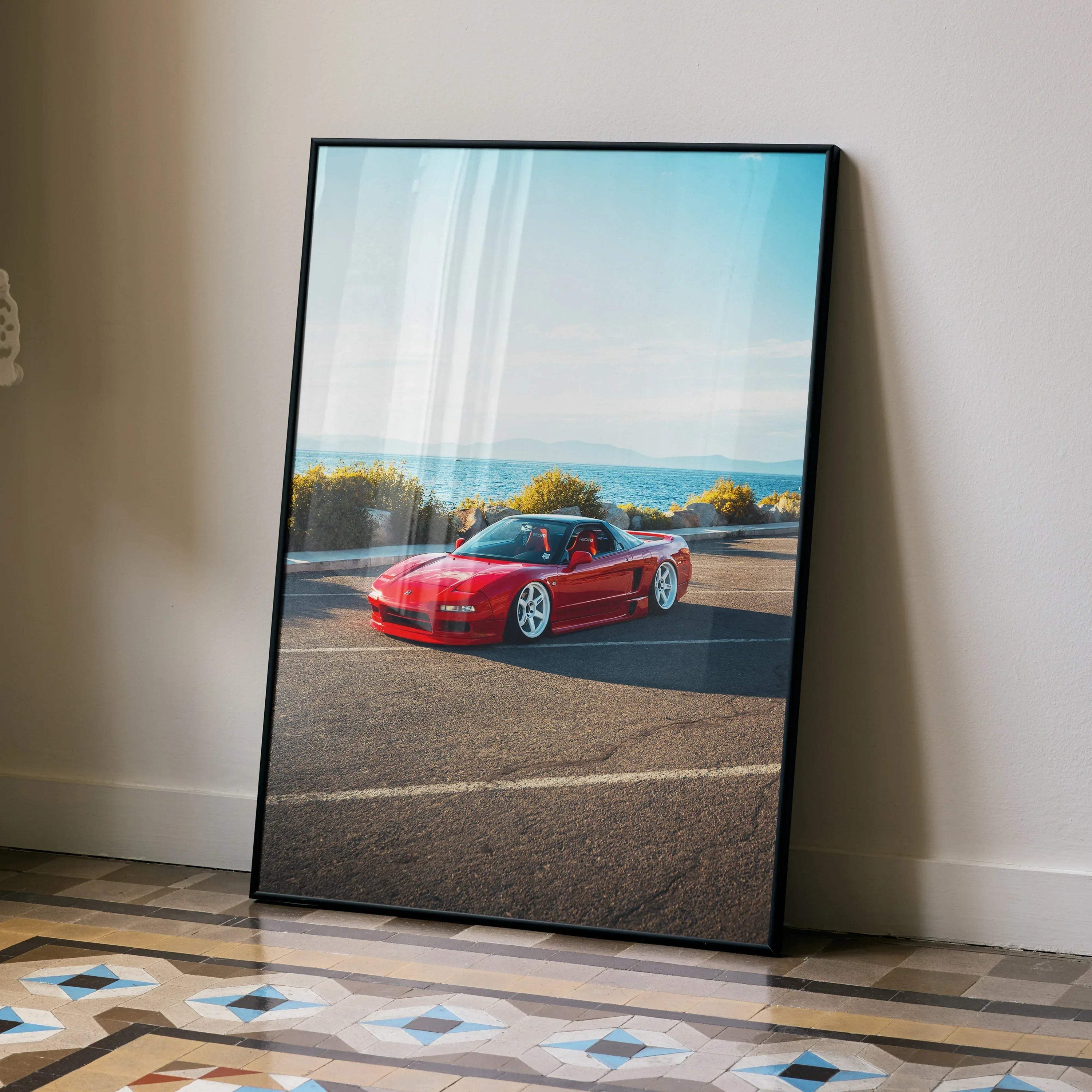 Red Acura NSX JDM sports car on road with mountains background poster wall art in black frame.