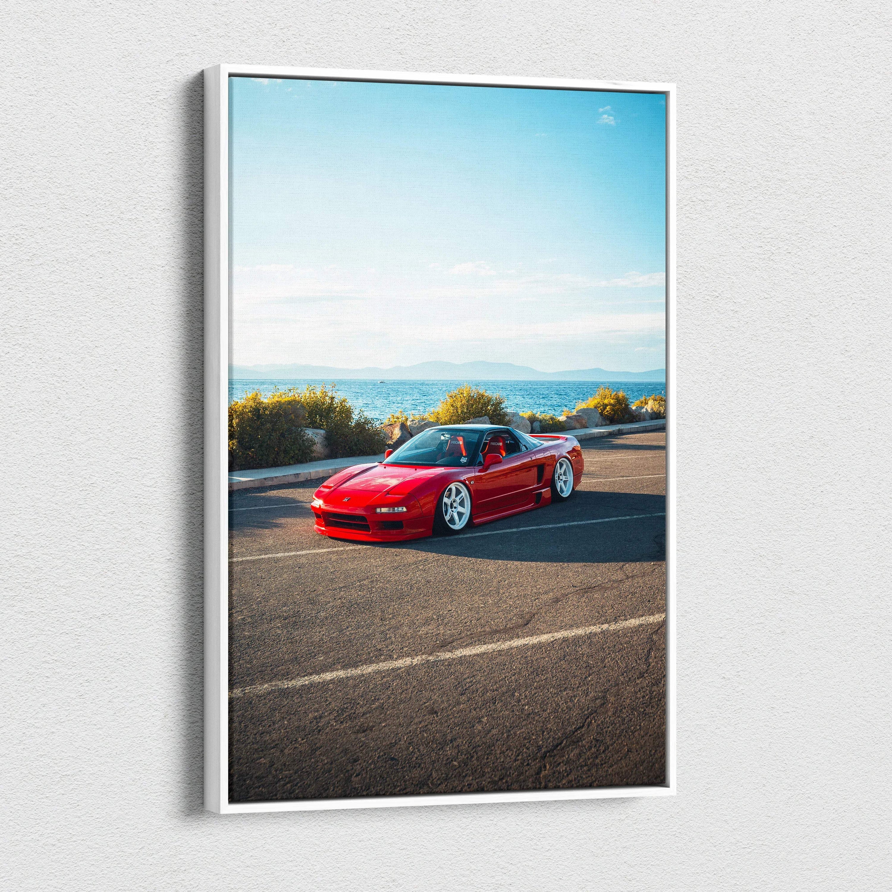 Red Acura NSX sports car on road with mountains under blue sky, vertical canvas wall art.