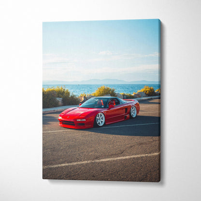 Vertical canvas art of a red Acura NSX sports car on an open road with clear blue sky and distant mountains.