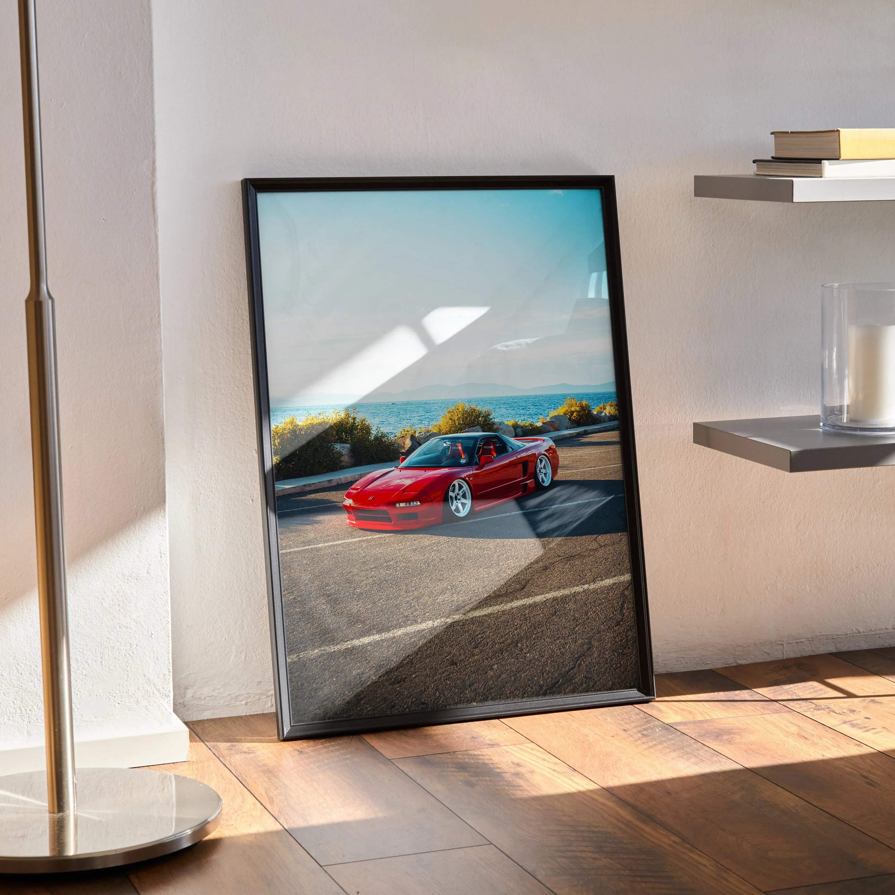 Red Acura NSX JDM car poster with coastal background leaning against wall, premium wall art print.