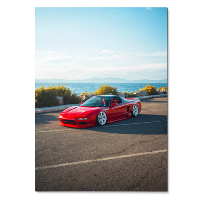 Acura NSX JDM red sports car parked on asphalt with clear blue sky poster wall art.