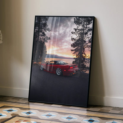 Acura NSX JDM car poster with red sports car at sunset between tall trees wall art.