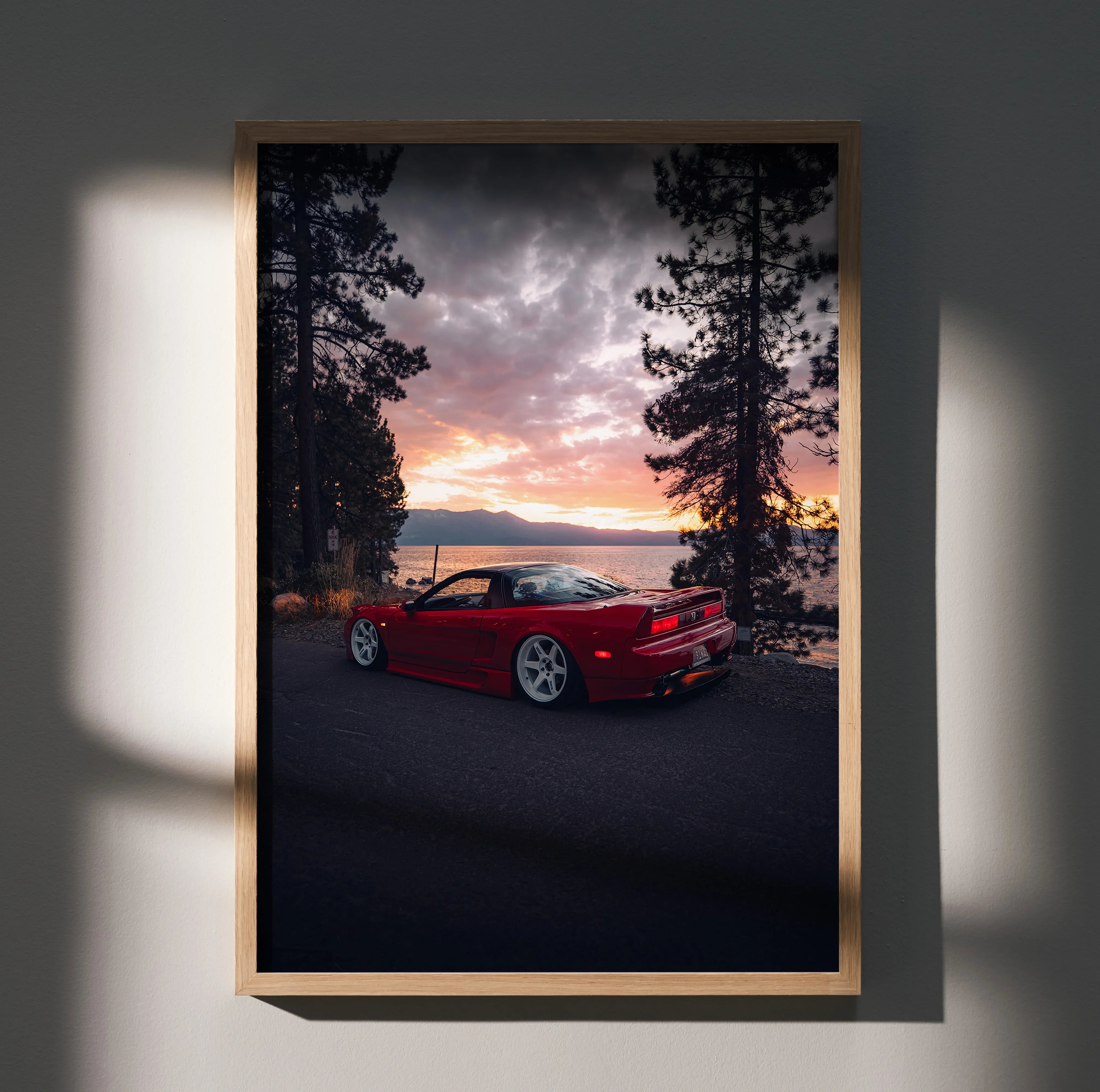 Acura NSX JDM red sports car poster with dramatic sunset and tall trees wall art.