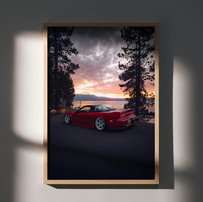 Acura NSX JDM red sports car poster with dramatic sunset and tall trees wall art.