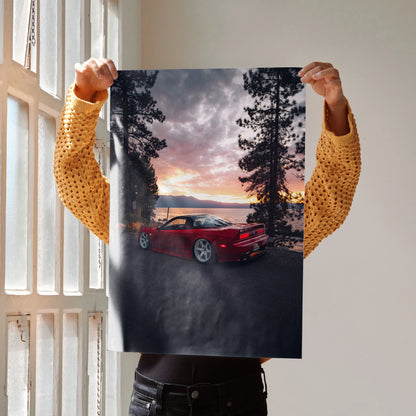 Acura NSX poster wall art featuring red JDM sports car at sunset with tall trees background.