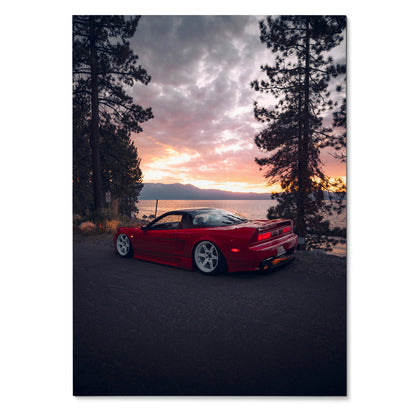 Red Acura NSX parked on road at sunset between tall pine trees, poster wall art.