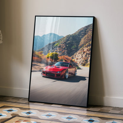 High-resolution poster of a red Mazda FD RX7 driving on a mountain road, wall art.