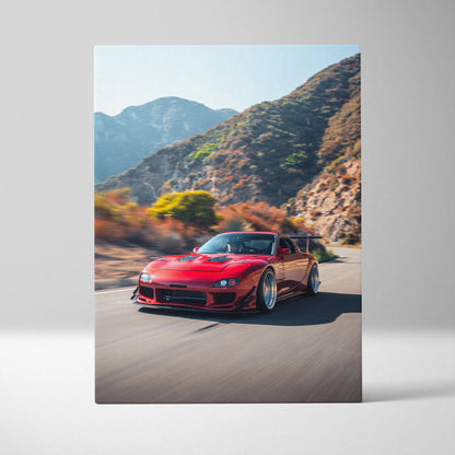Red Mazda FD RX7 driving on mountain road canvas wall art vertical print.