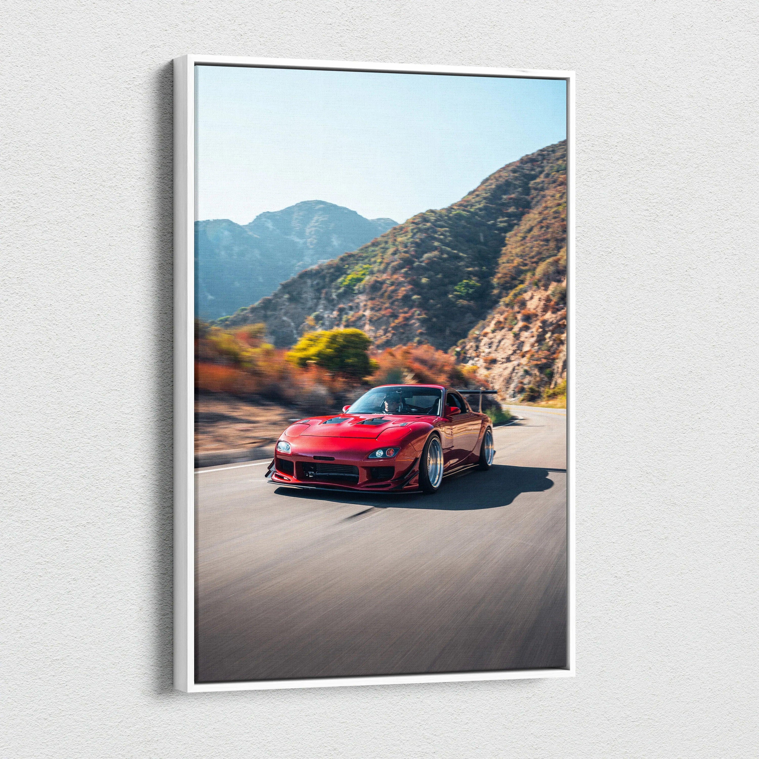 Mazda FD RX7 red sports car driving mountain road vertical canvas wall art.