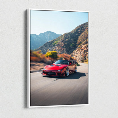 Mazda FD RX7 red sports car driving mountain road vertical canvas wall art.
