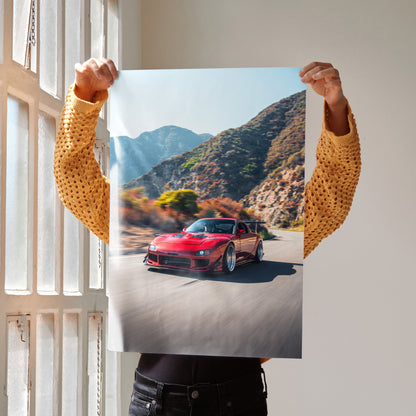 Red Mazda FD RX7 speeding on mountain road high resolution poster wall art.